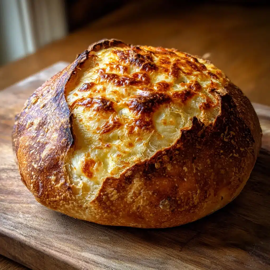 cheese sourdough bread loaf with golden crust and cheese swirls