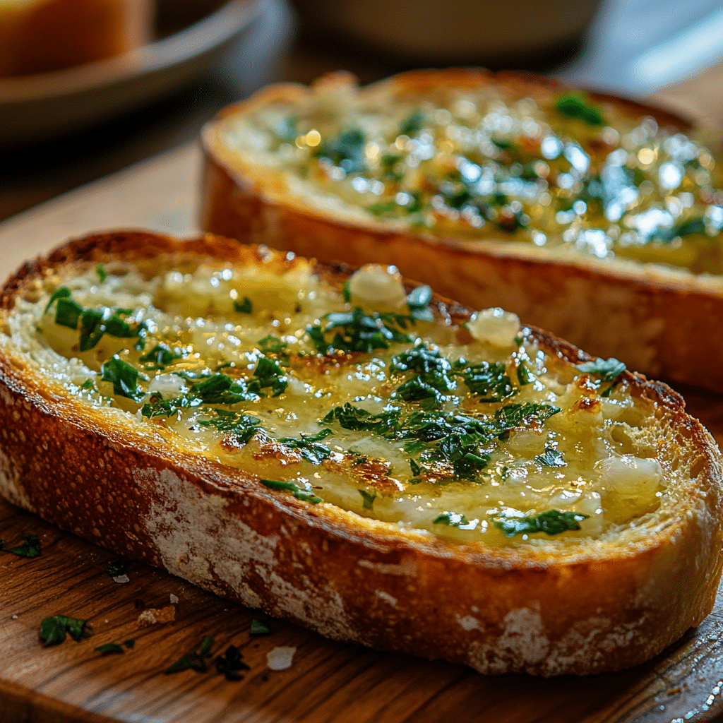 Garlic sourdough toast with golden edges