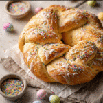 Italian Easter Bread with dyed eggs and glaze