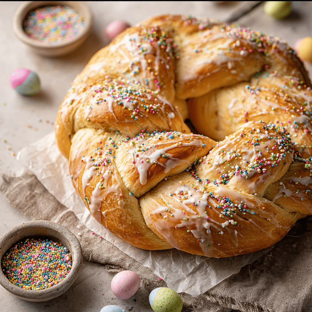 Italian Easter Bread with dyed eggs and glaze