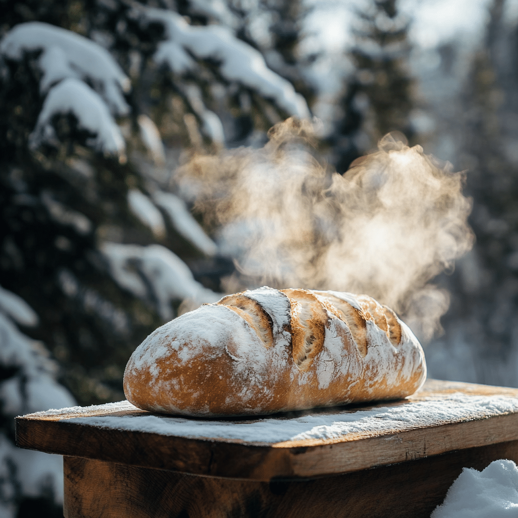 sourdough anchorage loaf in snowy Alaskan forest