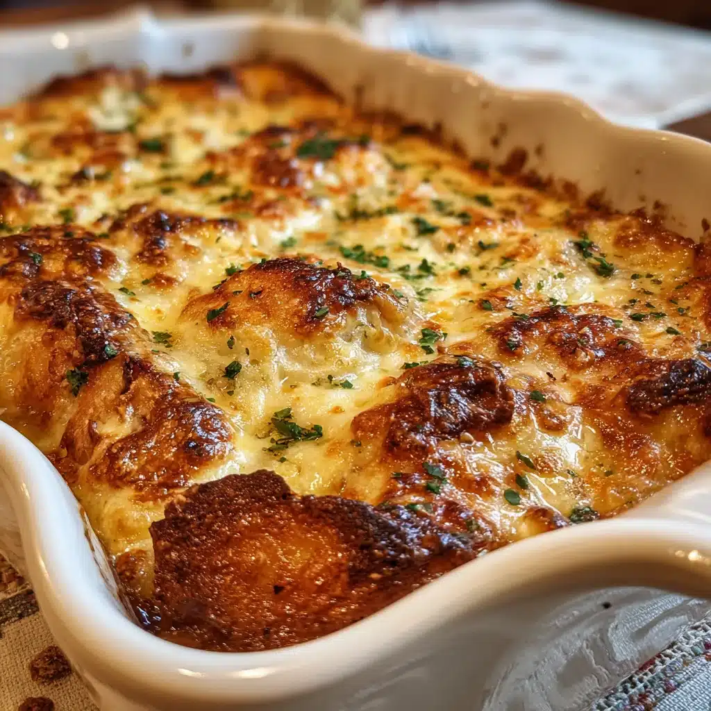 : Cheesy garlic bread lasagna baked in a dish with golden crust