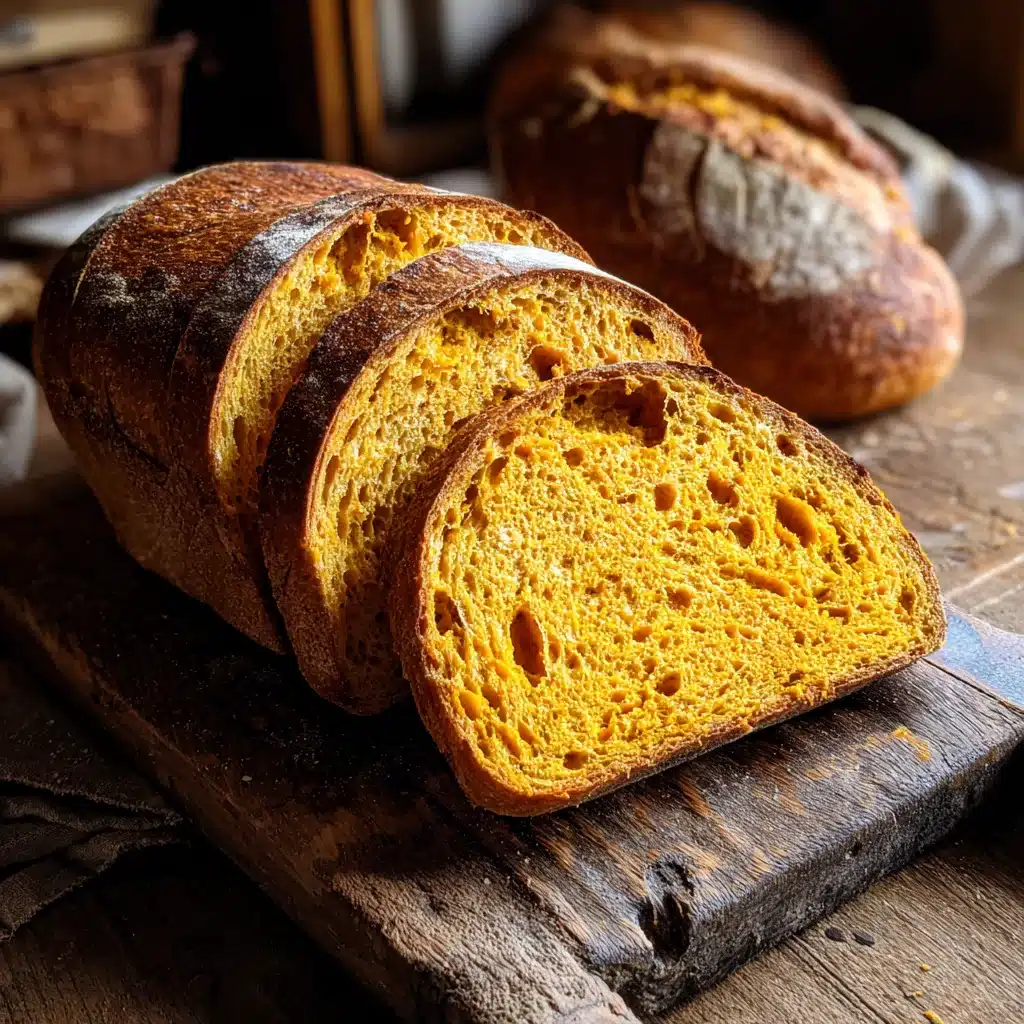 Pumpkin sourdough bread sliced on board