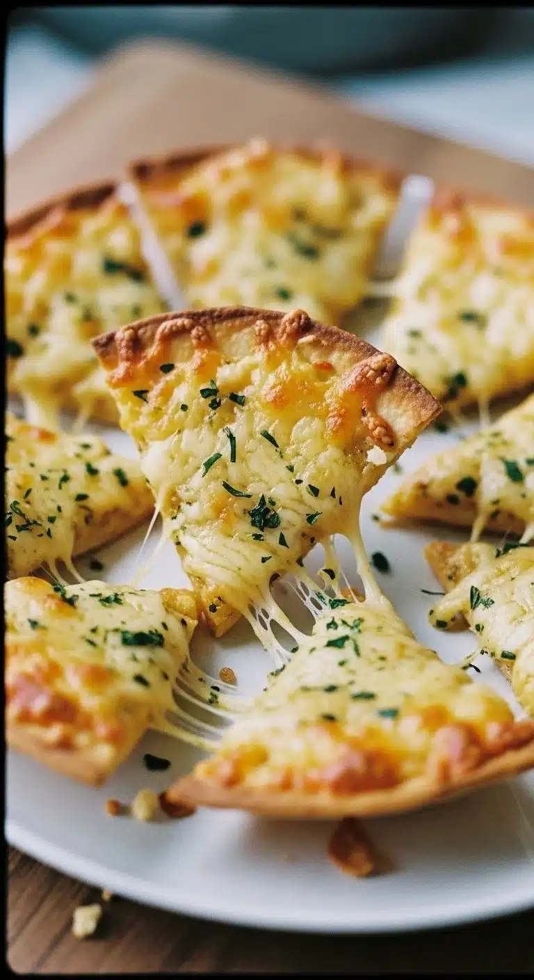 Air Fryer Cheesy Tortilla Garlic Bread with melted cheese and garlic herbs