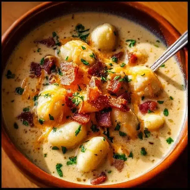 Bacon Cheddar Gnocchi Soup served in a bowl, garnished with herbs and bacon bits