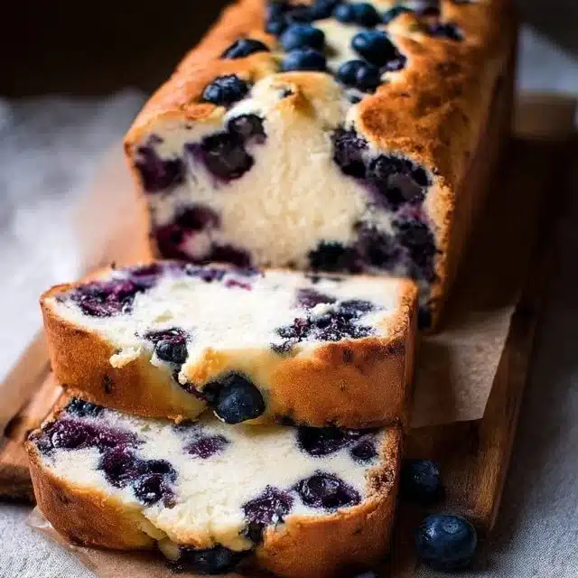 Loaf of best blueberry cream cheese bread with fresh blueberries