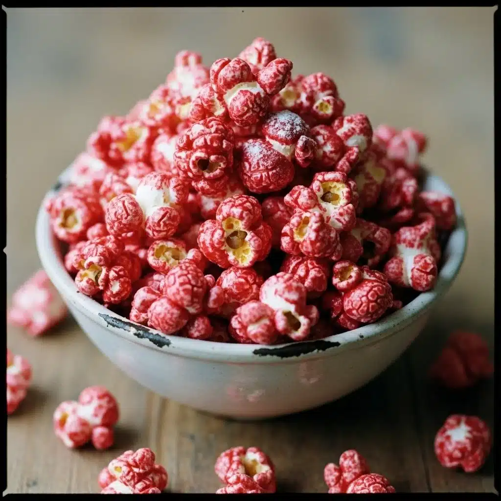 Bloody Red Velvet Popcorn in a bowl, a vibrant and delicious snack.