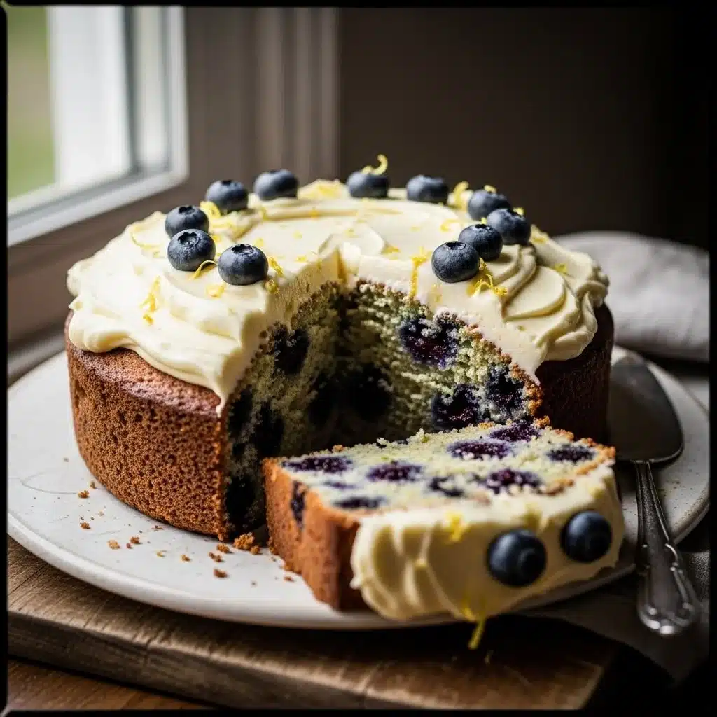 Delicious blueberry zucchini cake topped with lemon buttercream frosting.