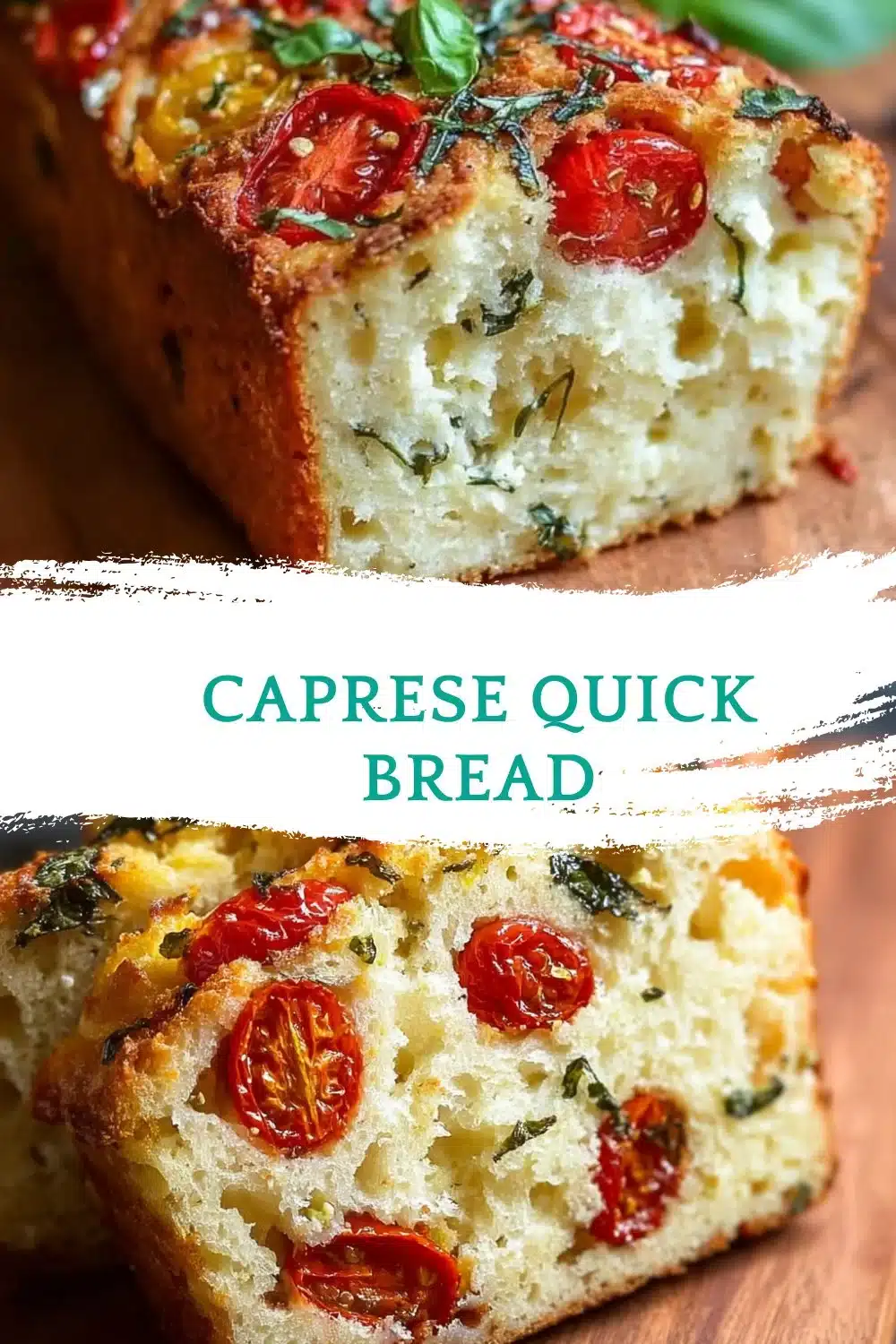 Slice of Caprese Quick Bread with tomatoes and basil