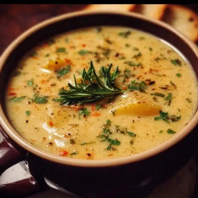 Delicious Cheddar Garlic Herb Potato Soup garnished with fresh herbs