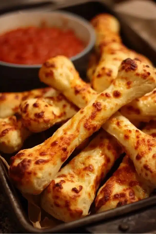 Cheesy Halloween breadstick bones arranged on a spooky Halloween platter