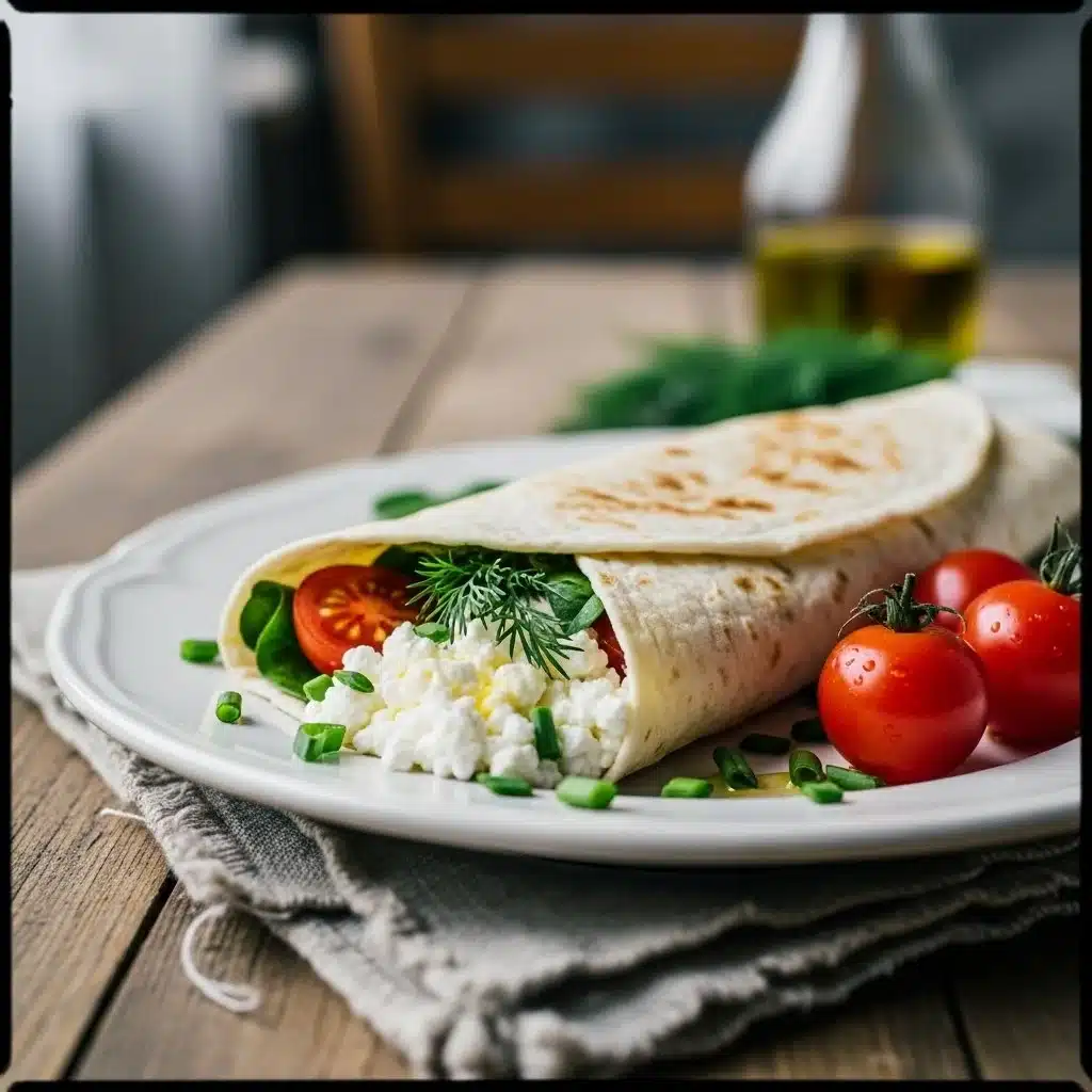 Healthy cottage cheese wraps filled with vegetables and herbs