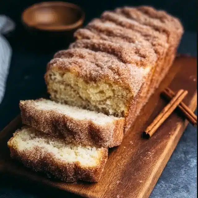 Loaf of cozy cinnamon sugar donut bread topped with cinnamon sugar