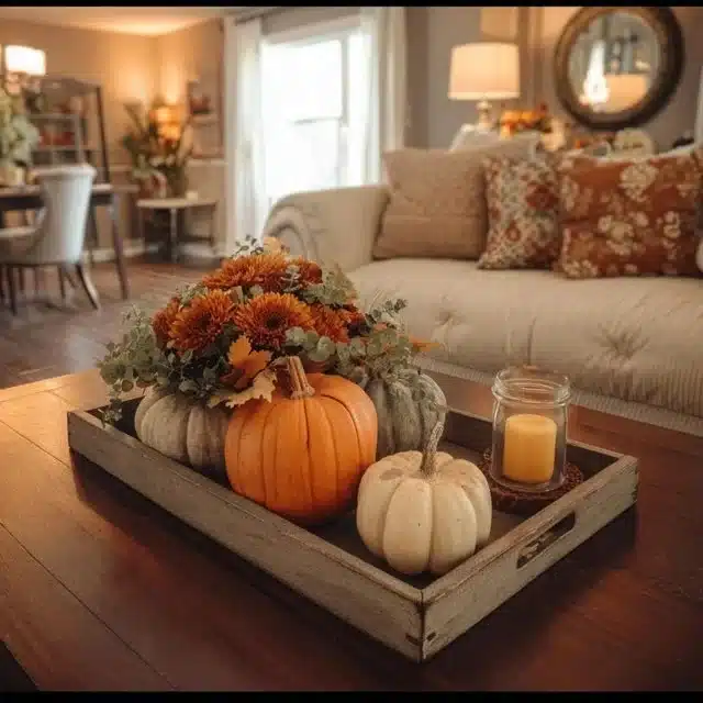 Cozy fall living room decor with pumpkin centerpiece and autumn decor elements