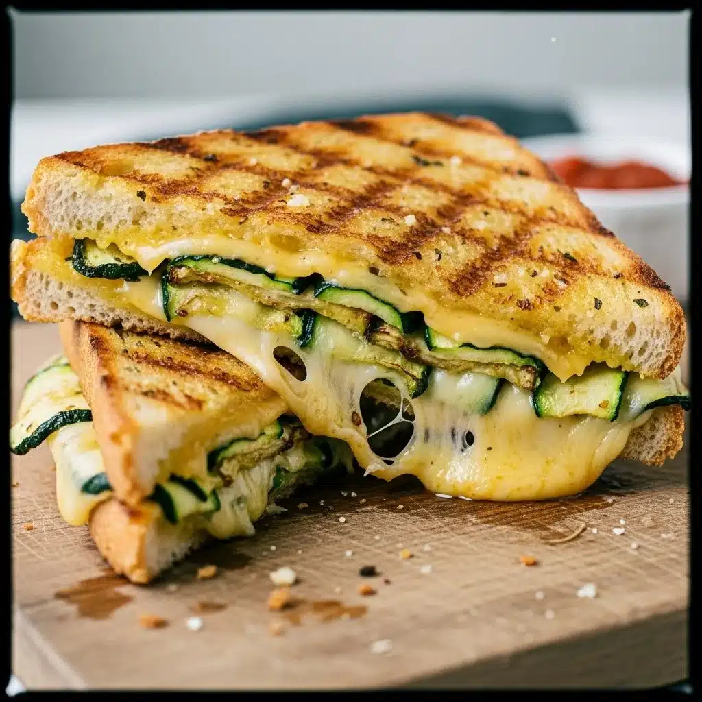 Crispy zucchini grilled cheese sandwich with garlic butter melting on top