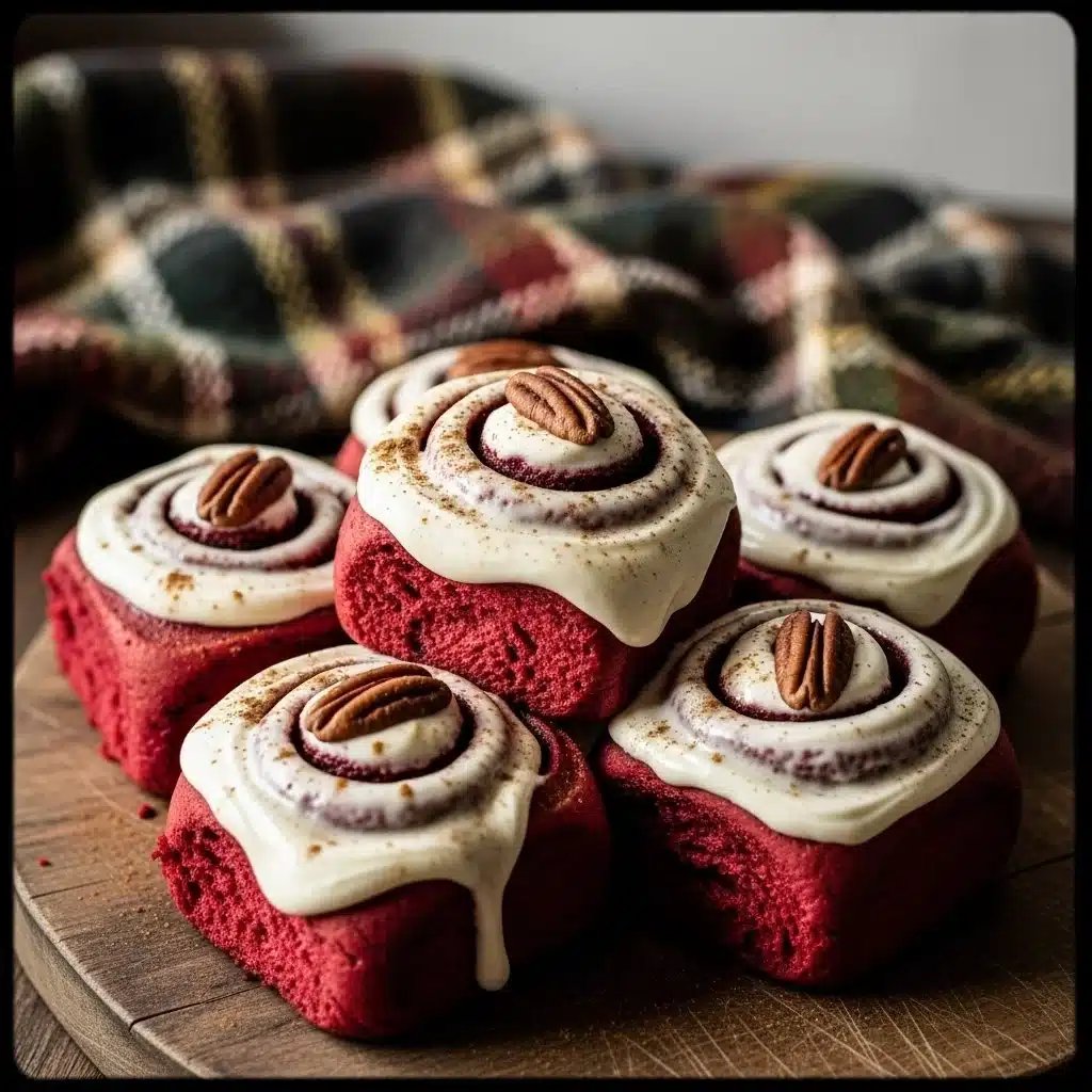 Decadent red velvet cinnamon rolls topped with cream cheese frosting