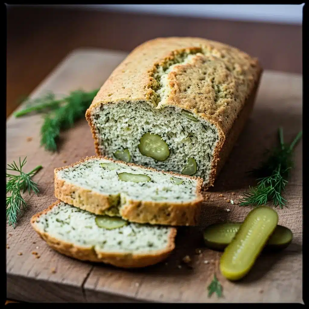Dill Pickle Bread 1 Loaf of homemade Dill Pickle Bread with slices on a wooden table