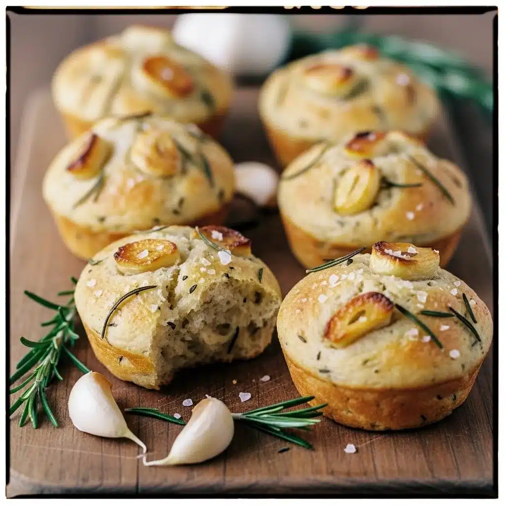 Freshly baked garlic rosemary focaccia muffins with herbs