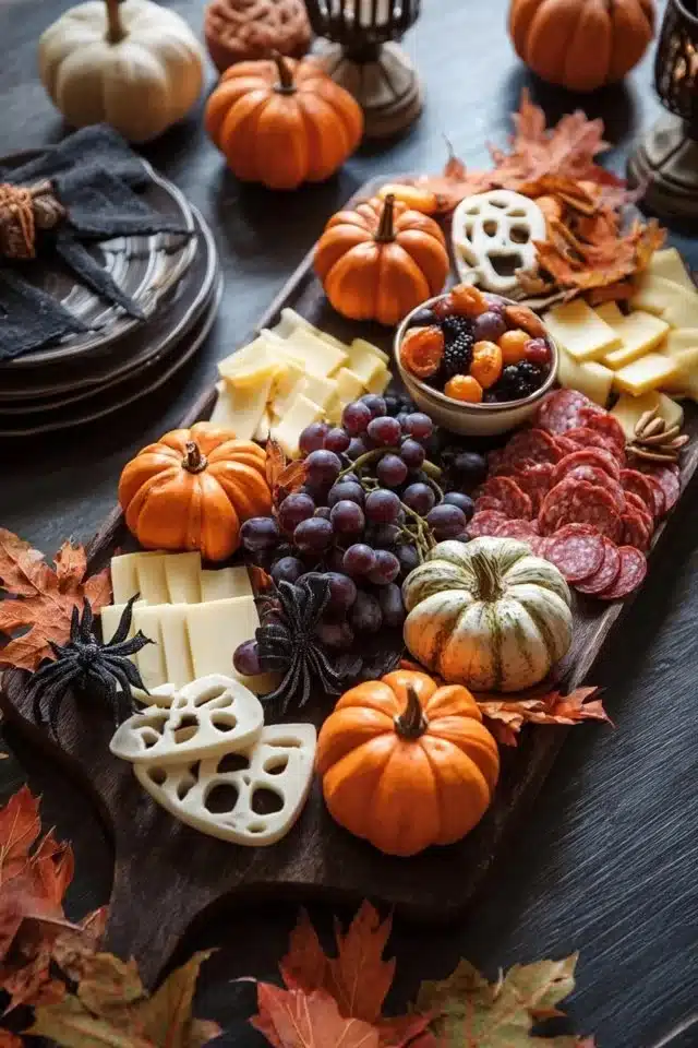Easy Halloween charcuterie board with festive treats and decorations
