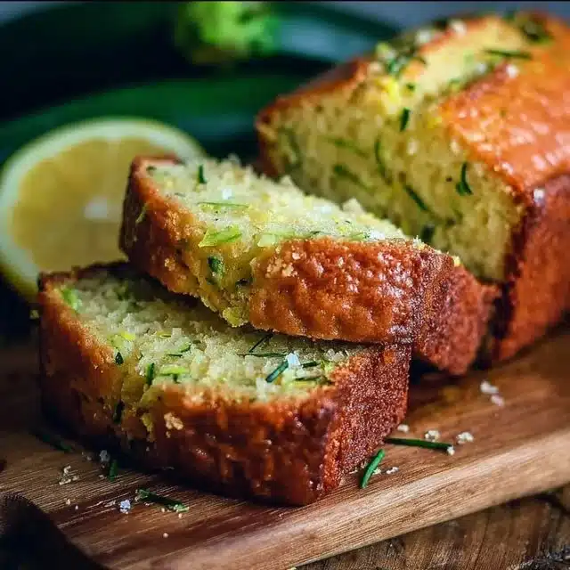 Sliced easy lemon zucchini bread on a wooden board with lemon slices