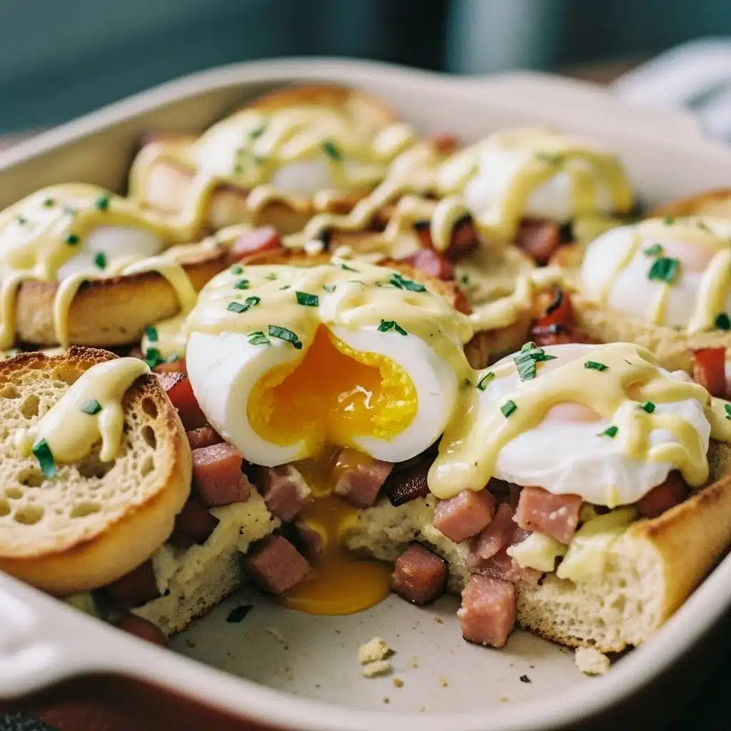 Delicious Eggs Benedict casserole served in a baking dish