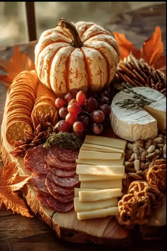 Beautifully arranged fall cheese board with seasonal fruits and nuts