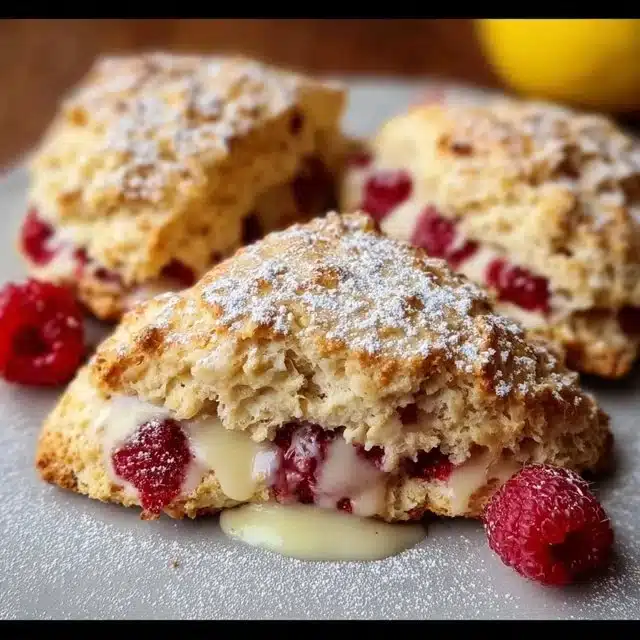 Flaky lemon raspberry scones fresh out of the oven, perfect for breakfast.