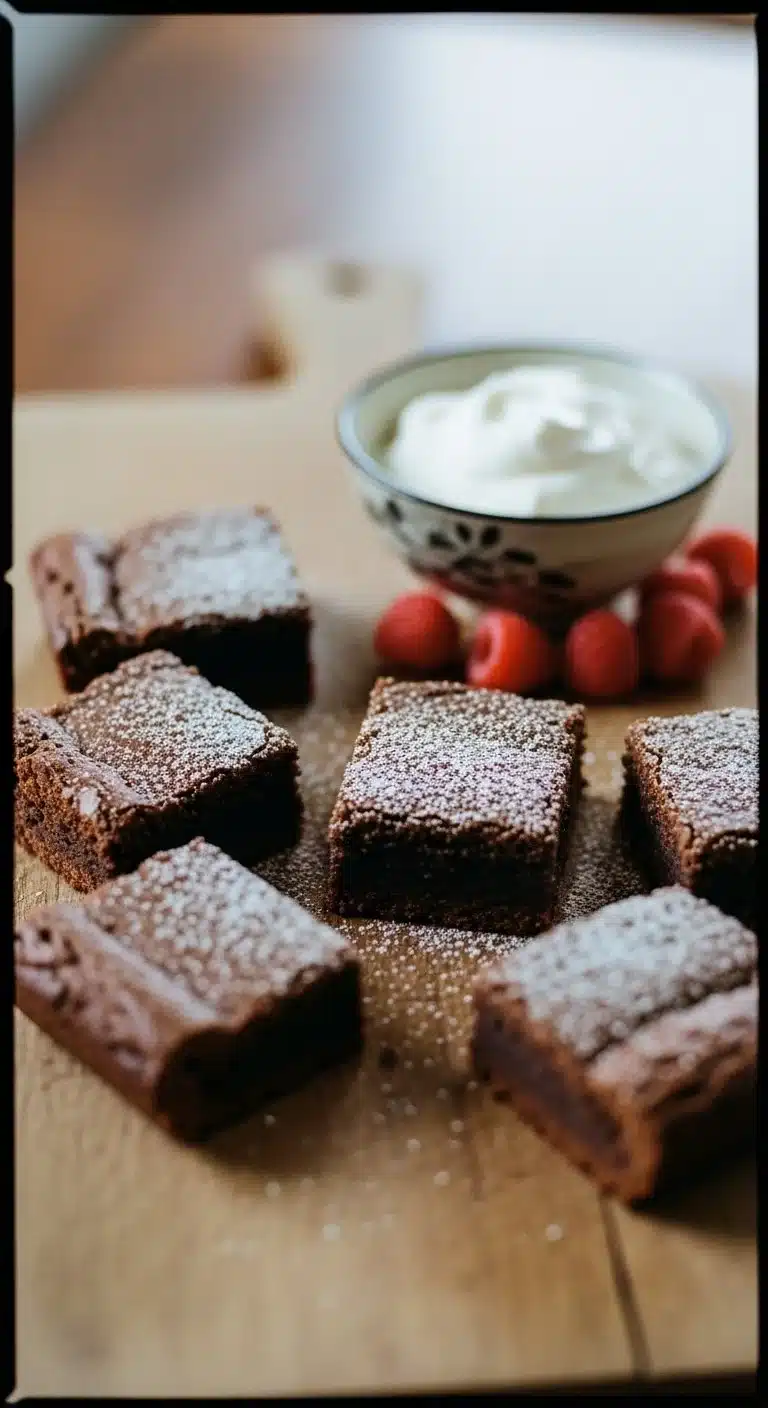 Delicious flourless Greek yogurt brownies on a wooden table