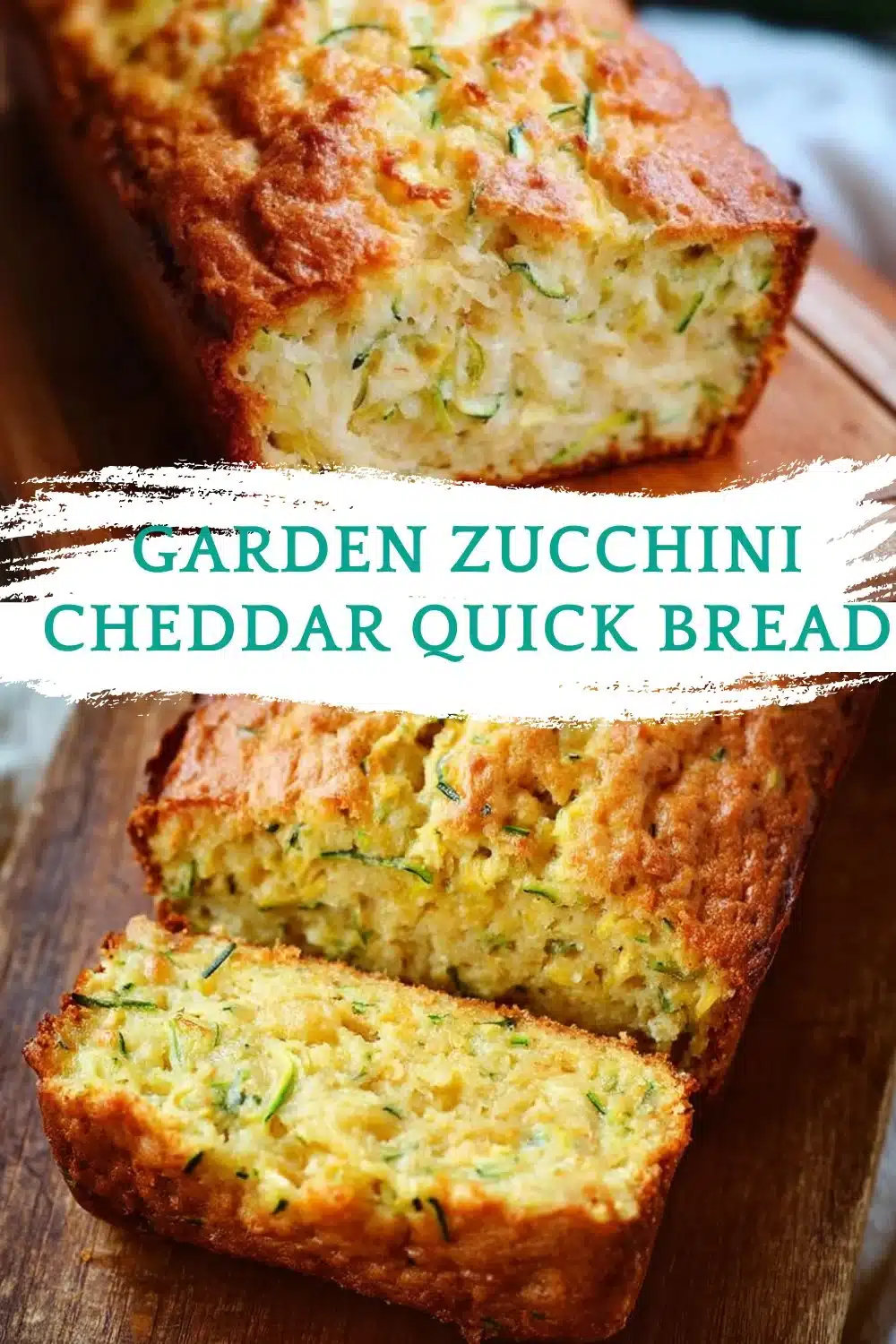 Loaf of garden zucchini cheddar quick bread fresh out of the oven