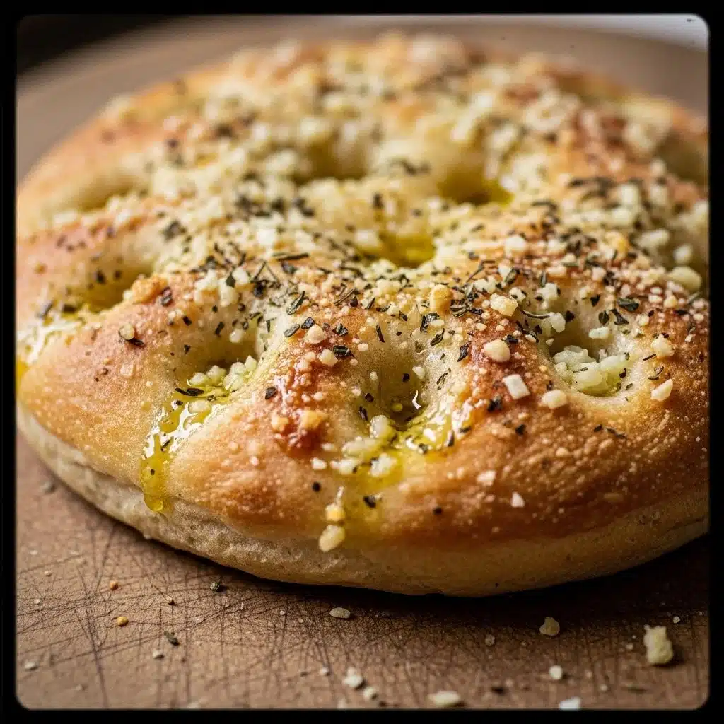 Freshly baked Garlic Parmesan Focaccia Bread topped with herbs