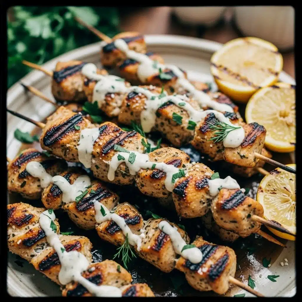 Grilled ranch garlic parmesan chicken skewers on a platter.