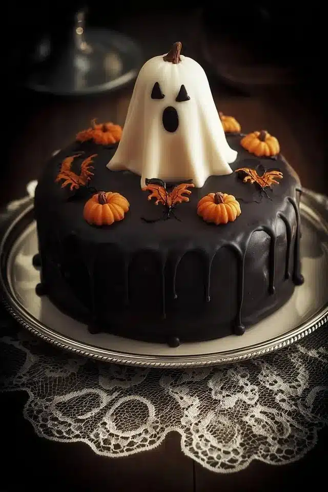 Spooky Halloween Cake decorated with bats, pumpkins, and ghosts for a festive celebration