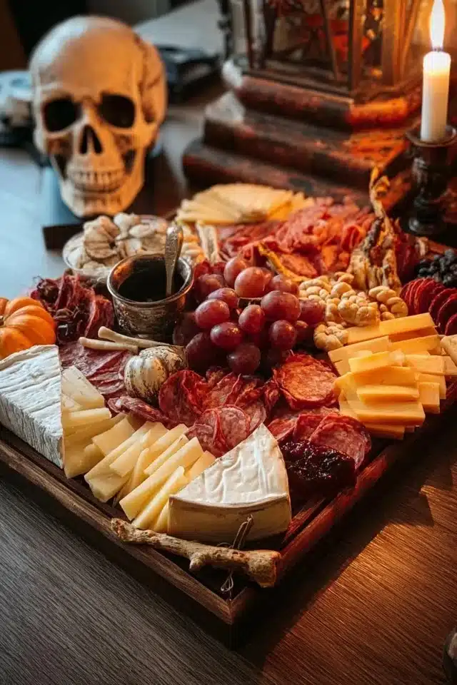 Spooky Halloween Charcuterie board with themed treats and decorations