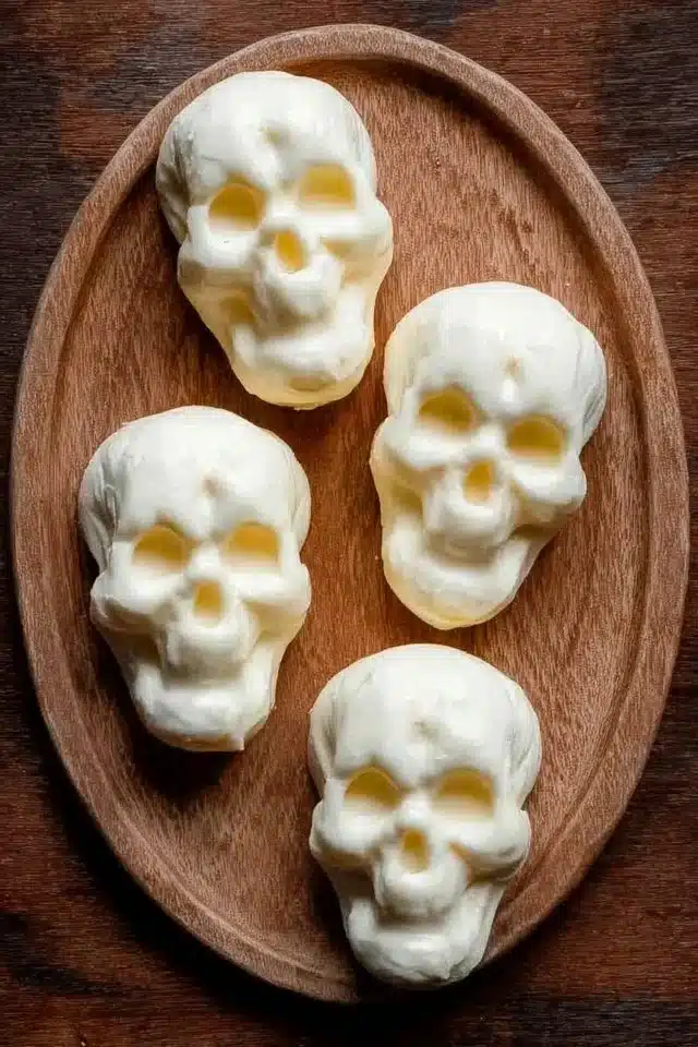 Halloween mozzarella skulls crafted for a spooky charcuterie board