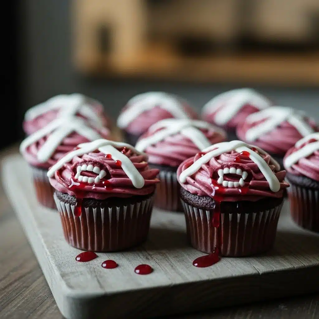 Halloween vampire bite cupcakes with red filling and spooky decoration.