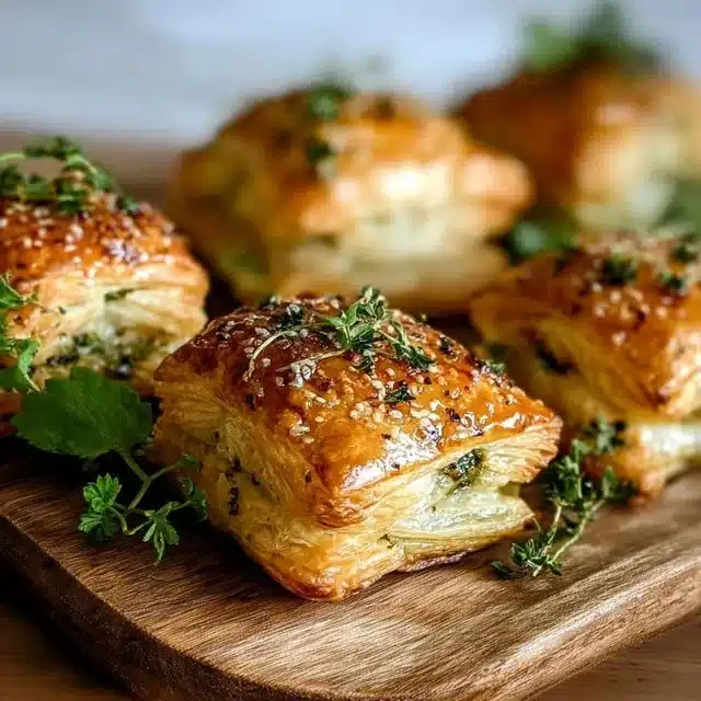 Herb and cheese stuffed puff pastry bites on a platter