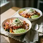 High-protein chicken enchilada bowl garnished with cilantro and fresh toppings