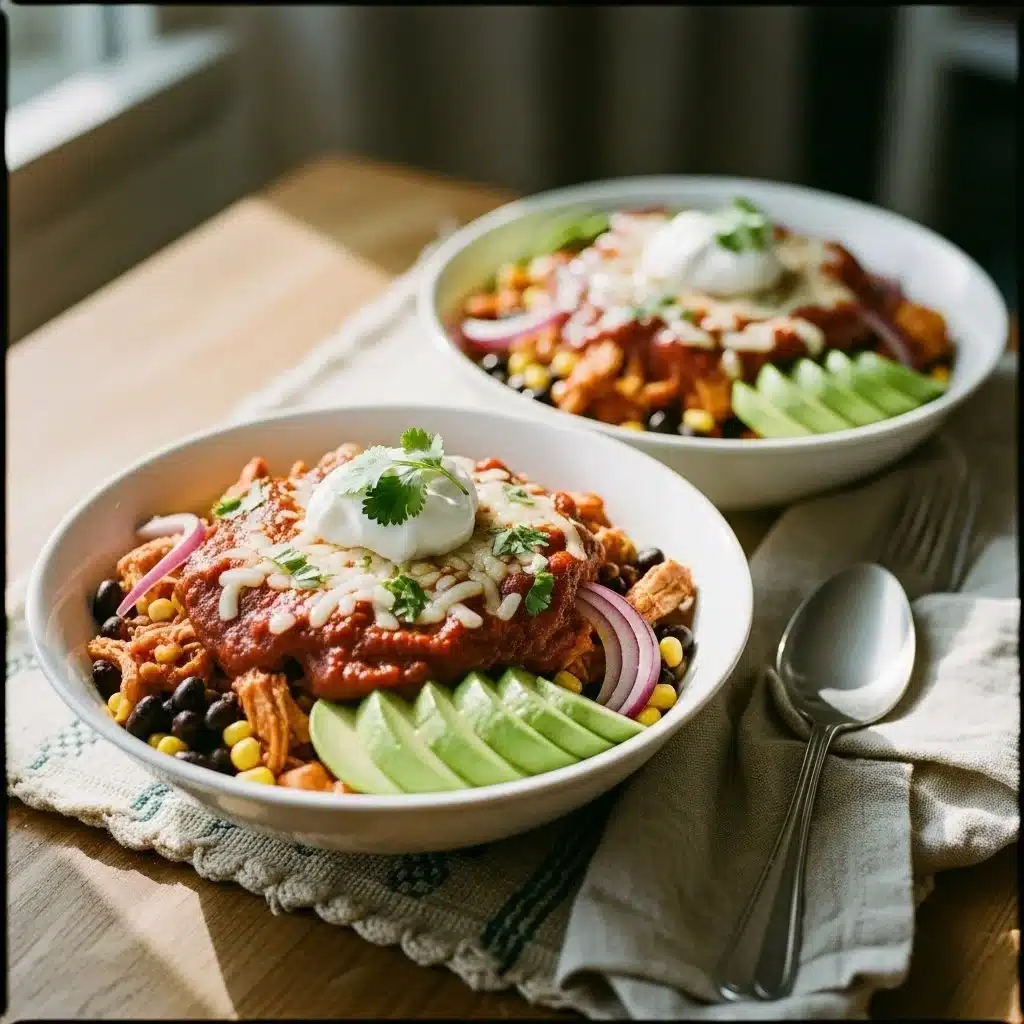 High-protein chicken enchilada bowl garnished with cilantro and fresh toppings