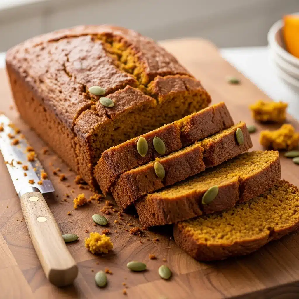 High-Protein Pumpkin Bread sliced on a cutting board