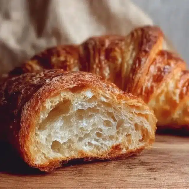 Freshly baked homemade sourdough croissant bread on a wooden table