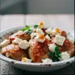 Delicious hot honey feta chicken served with herbs and spices.