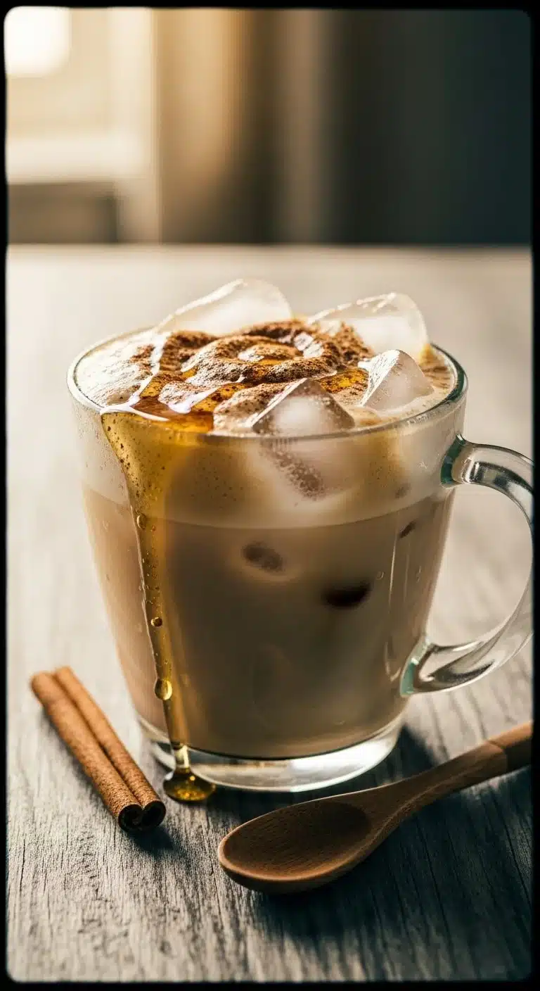Iced Cinnamon Honey Latte with a sprinkle of cinnamon and honey drizzle on top.