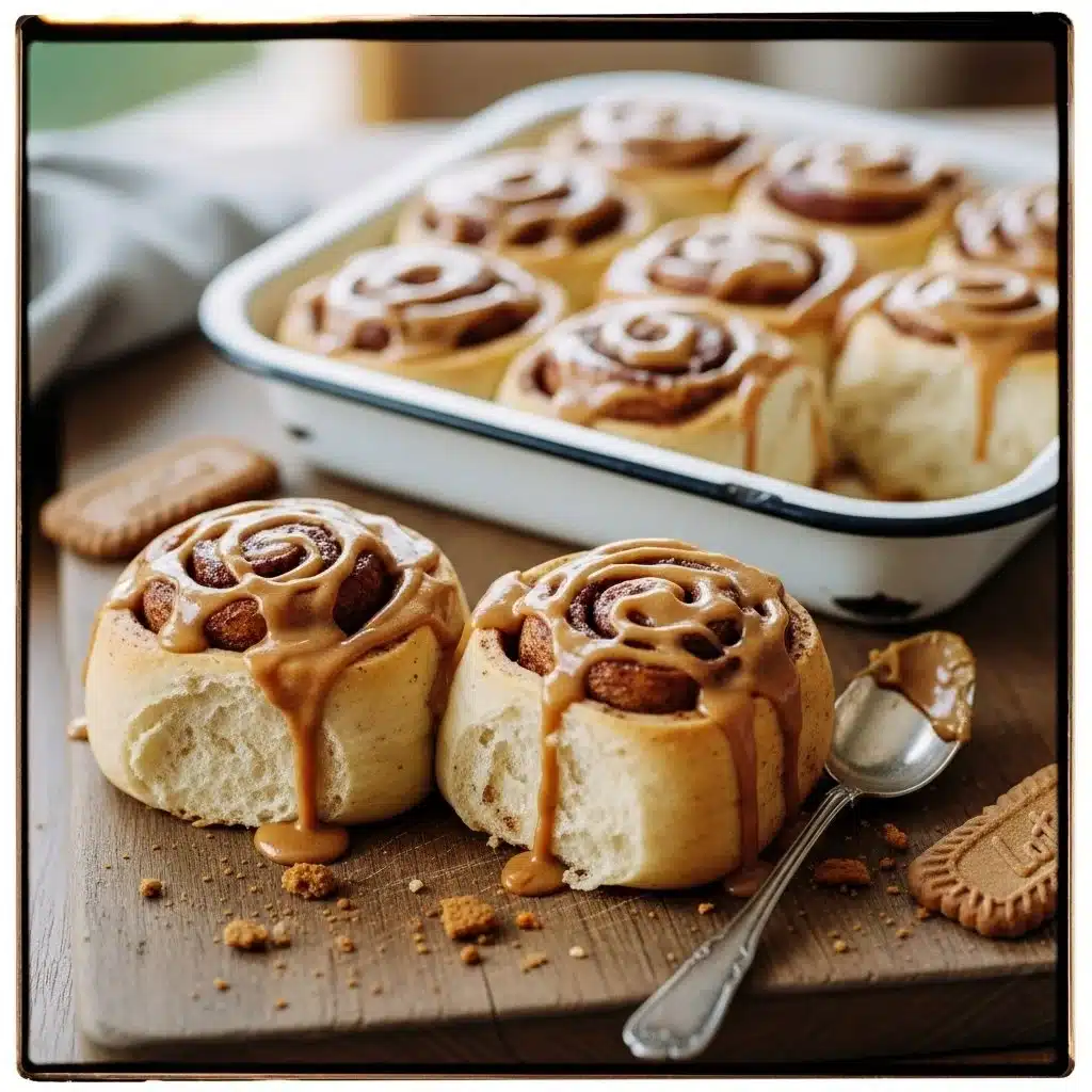 Fluffy Biscoff cookie butter cinnamon rolls topped with creamy frosting