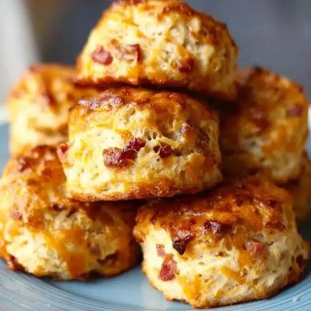 Freshly baked Maple Bacon Cheddar Biscuits on a wooden table