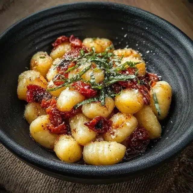 A bowl of creamy Marry Me Gnocchi, garnished with fresh herbs and cheese.
