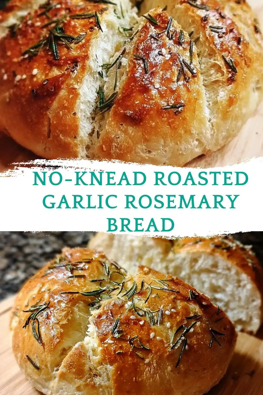 Homemade no-knead roasted garlic rosemary bread loaf on a wooden table