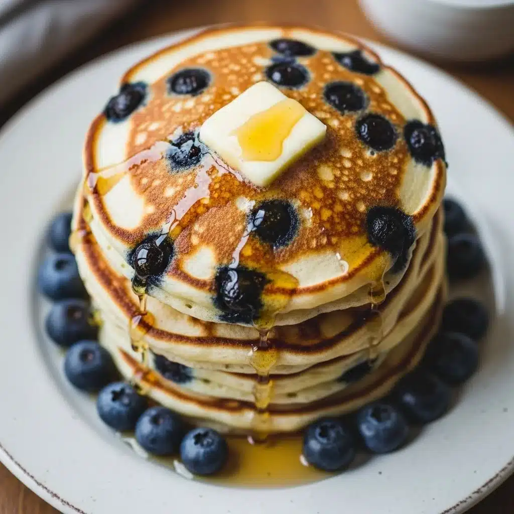 Delicious protein-packed Greek yogurt pancakes topped with fresh blueberries