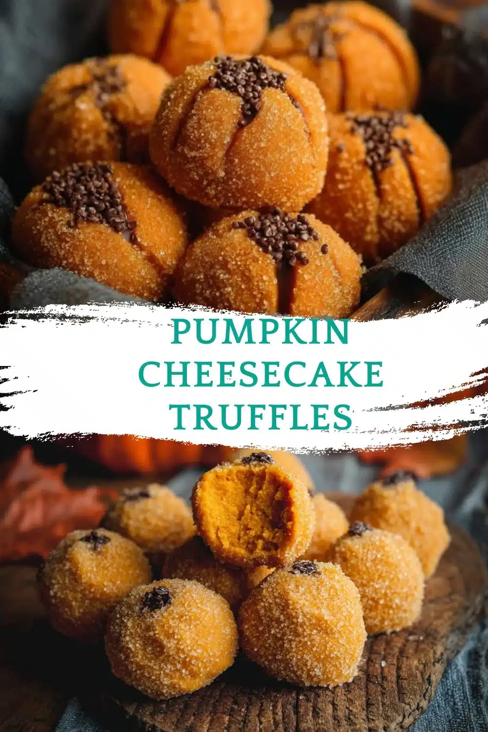 Delicious Pumpkin Cheesecake Truffles with a creamy filling and festive topping