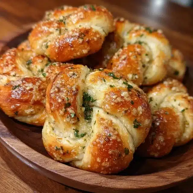 Freshly baked sourdough garlic knots with a golden crust