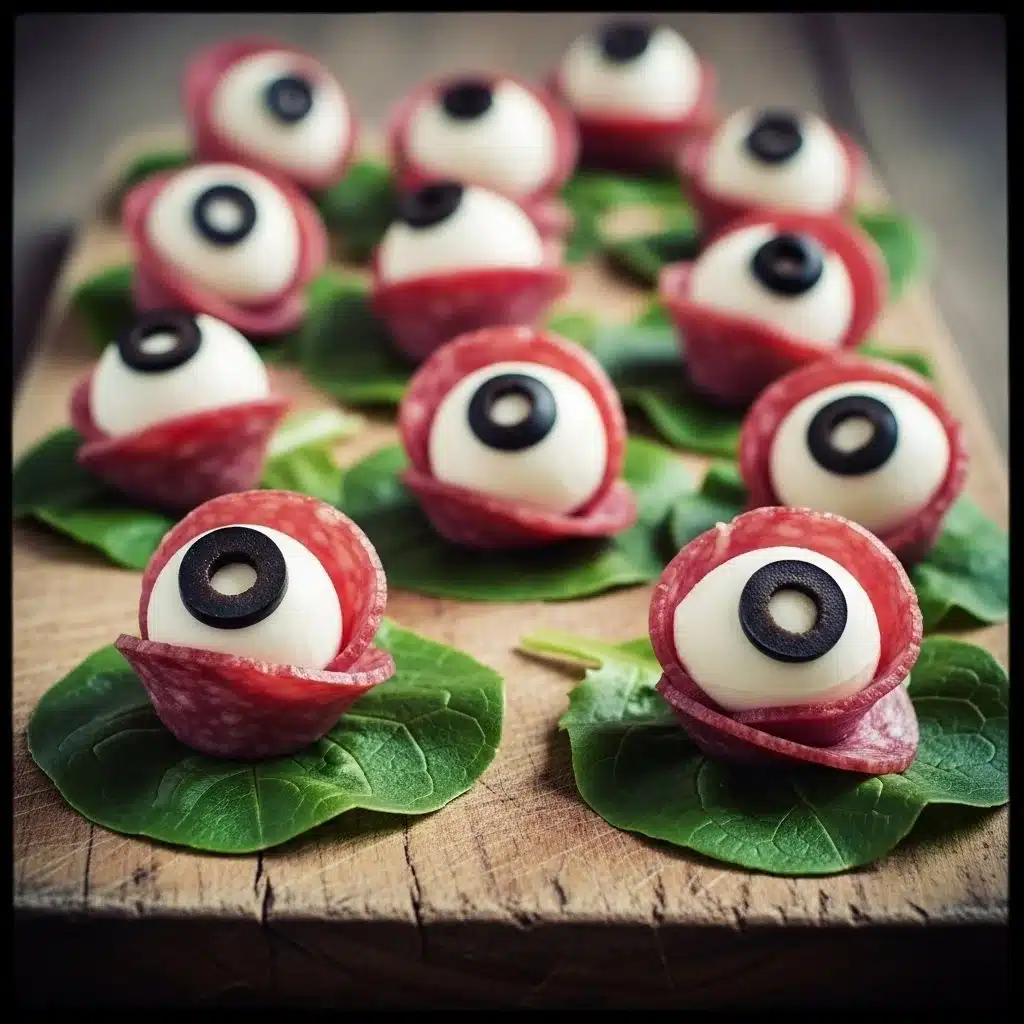 Salami mozzarella eyeballs arranged on a plate as a fun appetizer.